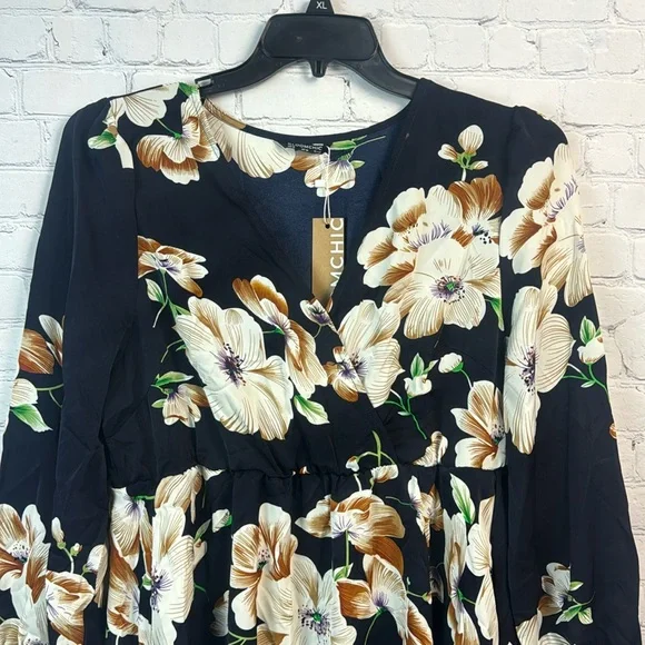 BloomChic Navy Floral Surplice Neck Lantern Sleeve Pocket Dress Size Large 12 - Picture 5 of 7